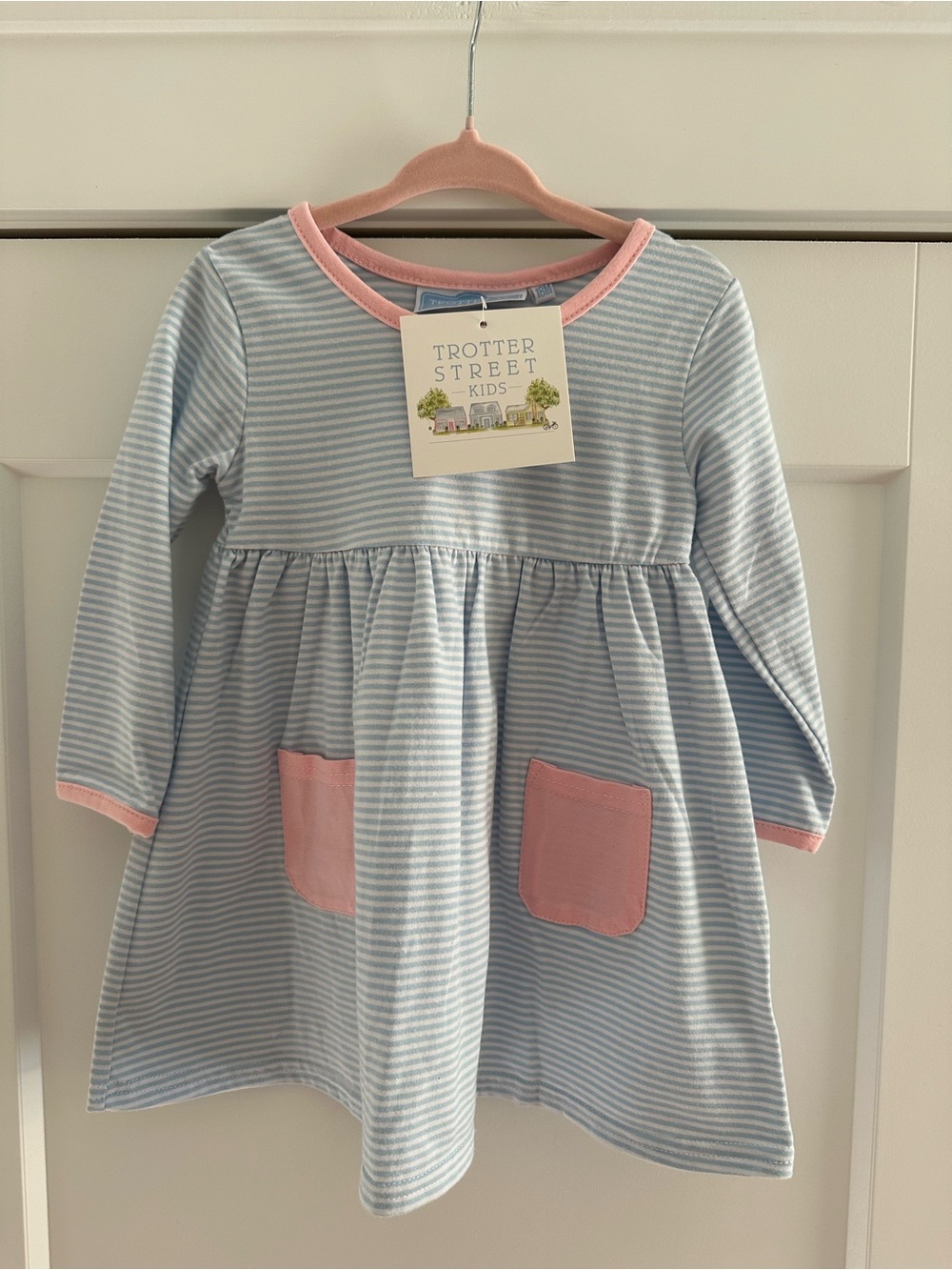 Trotter Street Pull Over Dress in Light Blue & Pink Stripe - Long Sleeve